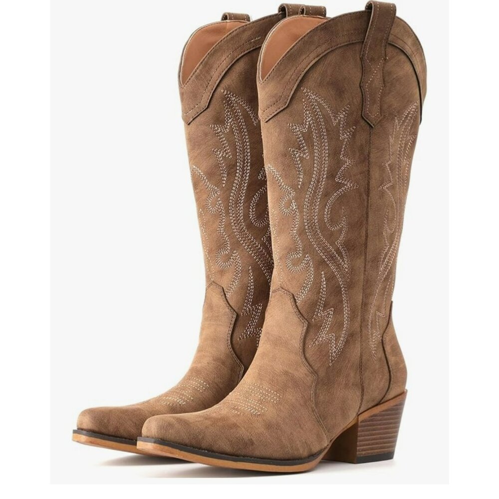 IUV Womens Mid-Calf Western Cowgirl Boots Embroidered Tan Faux Leather Size 8.5